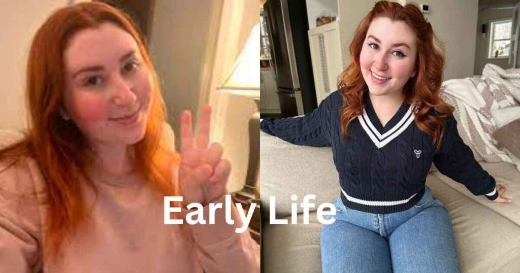 Two images of a woman with red hair, one showing her holding a peace sign, reflecting the early life of Isla Moon.
