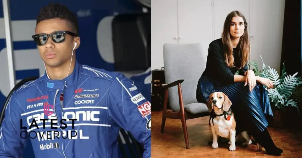 Jann Mardenborough's wife Audrey poses with a man in a racing suit and a dog, showcasing their shared passion for motorsports.