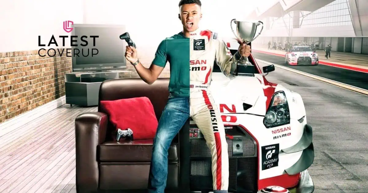 A man sitting on a couch proudly holding a trophy, celebrating his achievements with Jann Mardenborough's wife by his side.