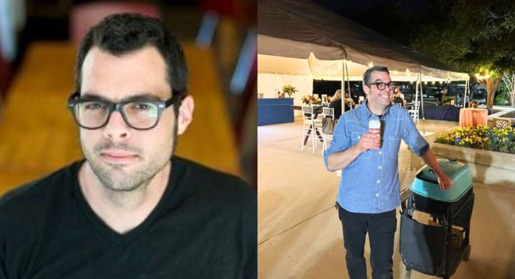  Two images of a man with glasses holding a camera, showcasing Franklin’s Culinary expertise in food photography.