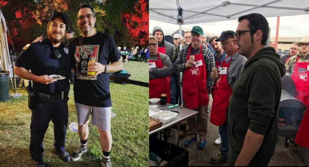 A collage of two photos featuring guests savoring dishes at a lively Franklin Barbecue food event, capturing the excitement.